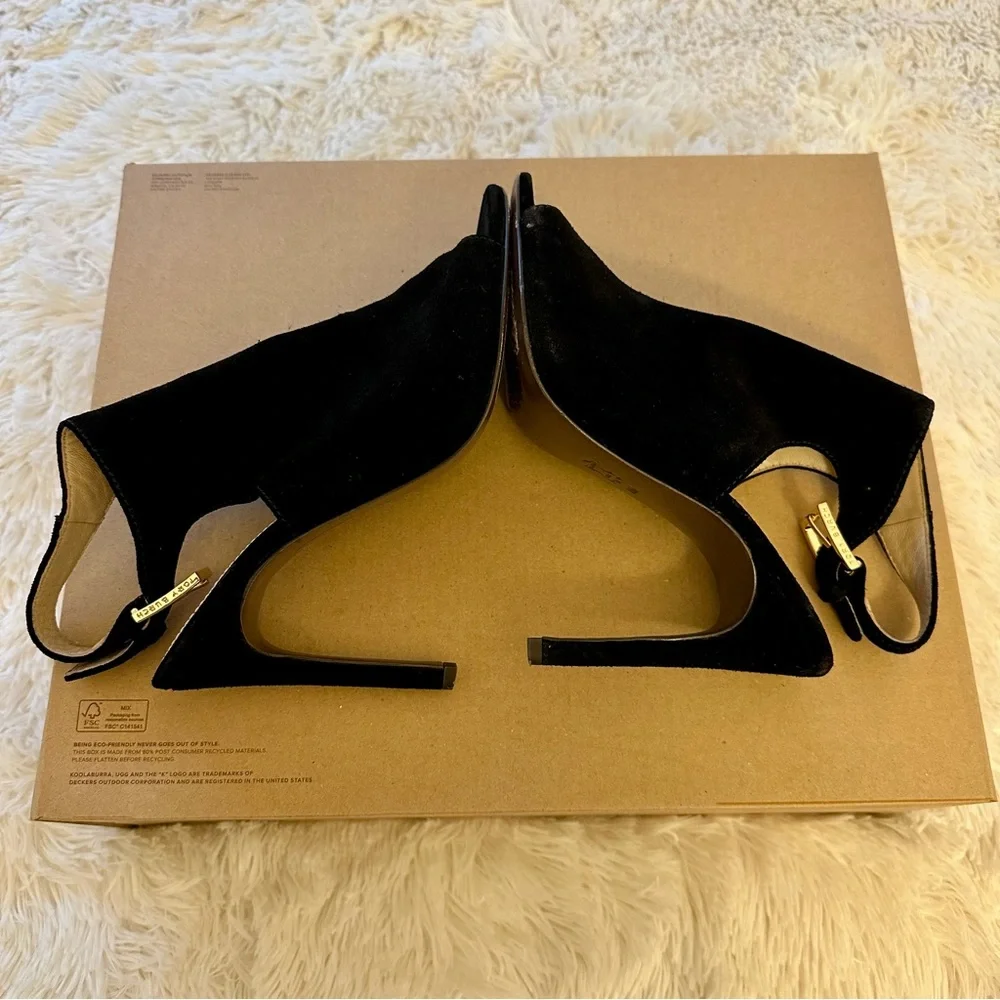 Tory Burch Britannia Black Suede Peep Toe Slingback Heels Women’s Size 8